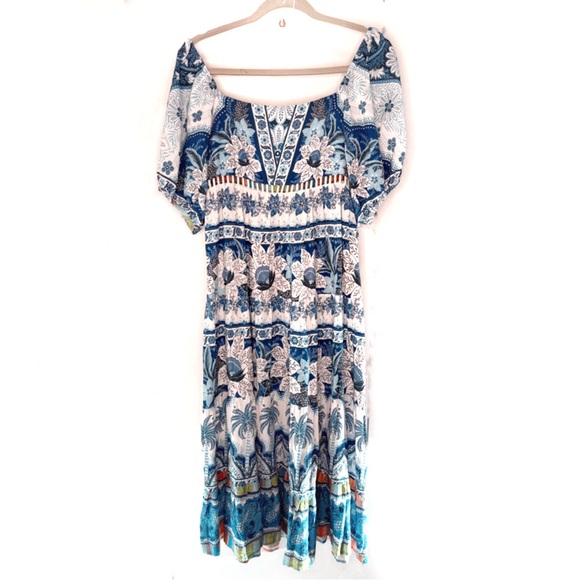 Farm Rio Floral Blue White Dress, Summer Puff Sleeve, Square Neck Dressy Boho - Picture 1 of 12